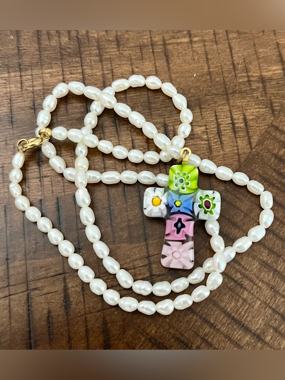 Italian Millefiori glass cross pendant on strand of baroque freshwater pearls